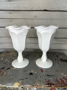 Vintage White Fluted Pedestal Goblets - Pair